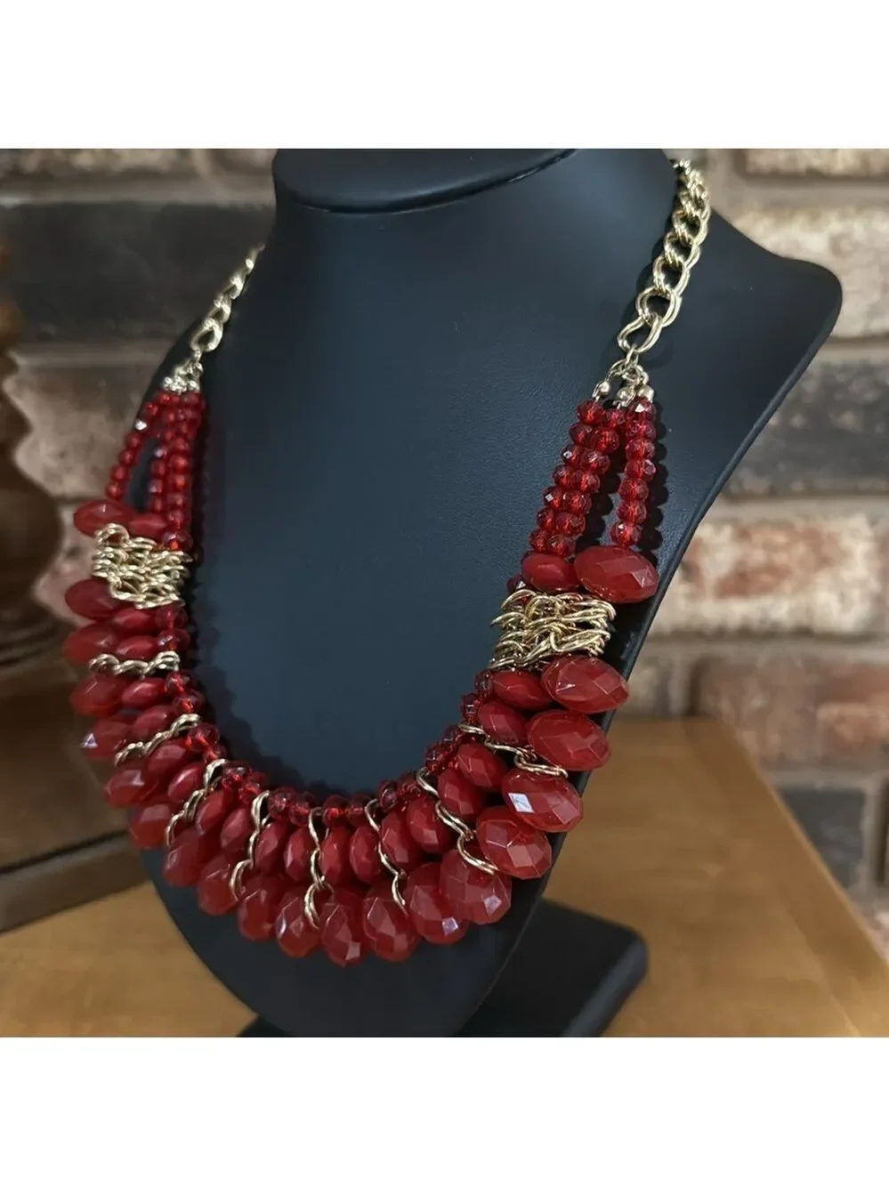 Vintage Red beaded and gold tone statement necklace